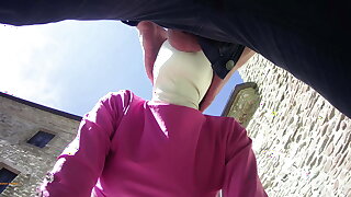 pink outfit in outdoor blowjob and oral creampie